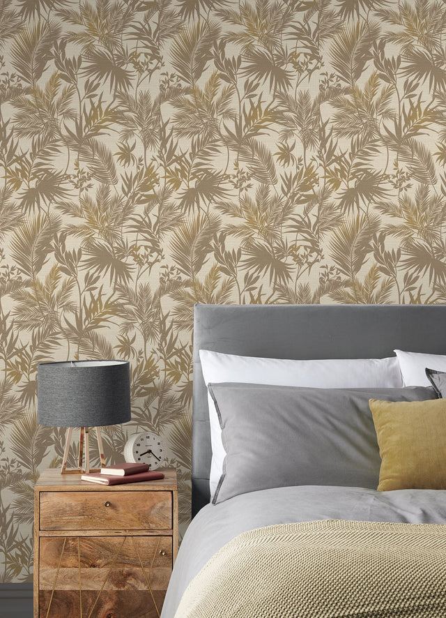 Saura Brown Frond Wallpaper with Tropical Botanical Leaves Motif - Advantage 2980-704136