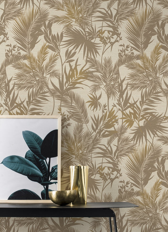 Saura Brown Frond Wallpaper with Tropical Botanical Leaves Motif - Advantage 2980-704136