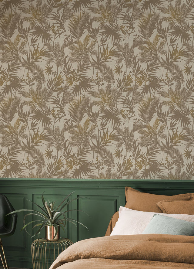 Saura Brown Frond Wallpaper with Tropical Botanical Leaves Motif - Advantage 2980-704136
