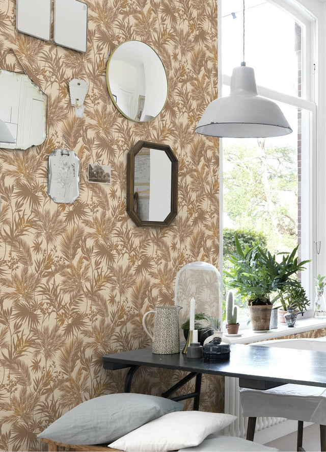 Saura Brown Frond Wallpaper with Tropical Botanical Leaves Motif - Advantage 2980-704136