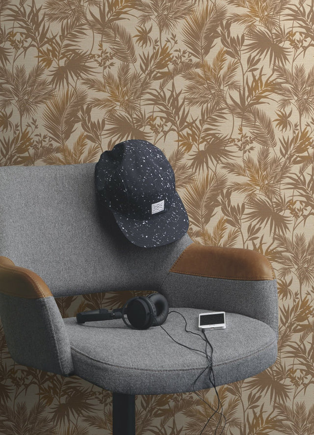 Saura Brown Frond Wallpaper with Tropical Botanical Leaves Motif - Advantage 2980-704136