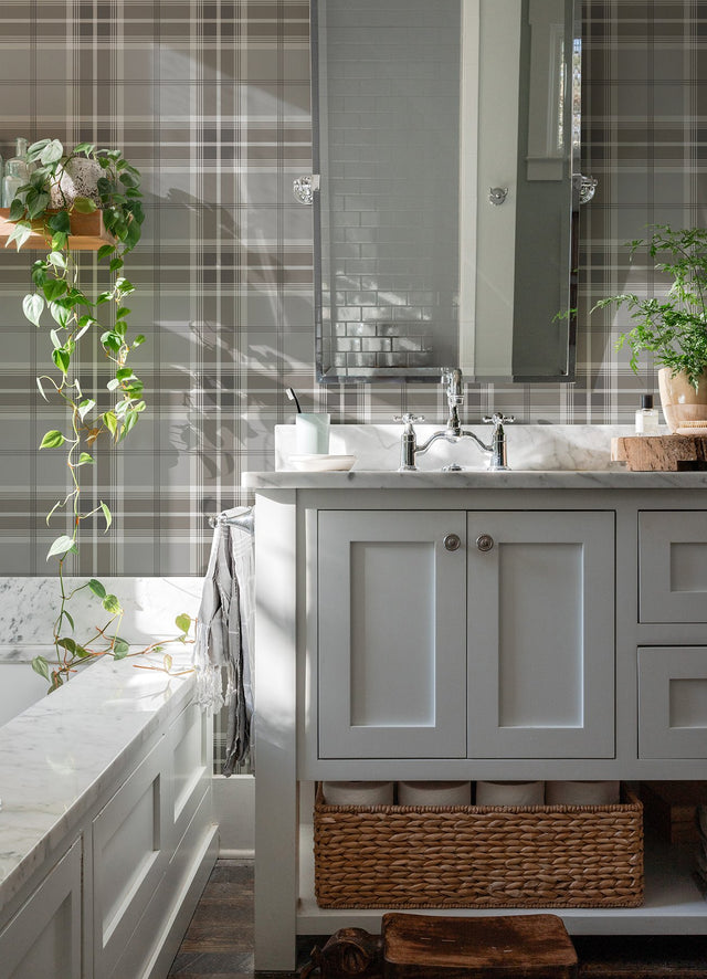 Sala Neutral Plaid Wallpaper with Farmhouse Graphic Plaid Motif - Advantage 2980-92121