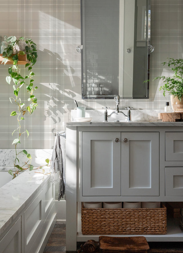 Sala White Plaid Wallpaper with Farmhouse Graphics Plaid Pattern - Advantage 2980-92123