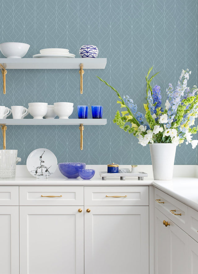 Hartley Blue Geo Wallpaper with Metallic Textured Ogee Trellis - Advantage 2980-M41901