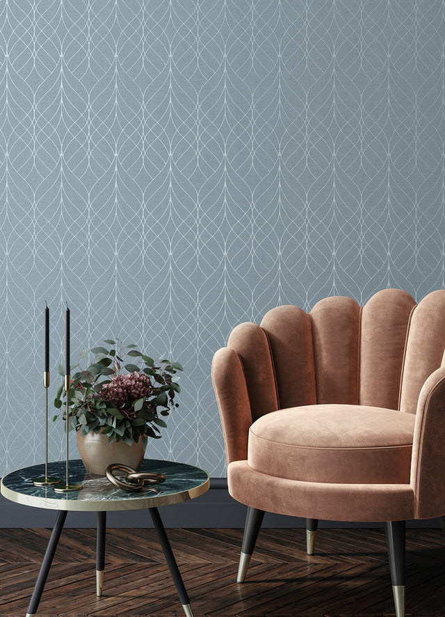 Hartley Blue Geo Wallpaper with Metallic Textured Ogee Trellis - Advantage 2980-M41901