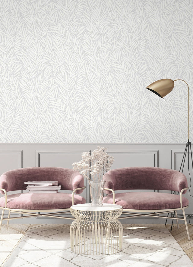 Holzer White Fern Wallpaper with Metallic Glitter Textured Leaves - Advantage 2980-M52500