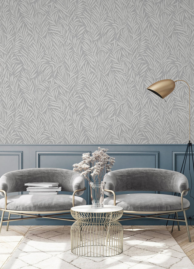 Holzer Grey Fern Wallpaper with Metallic Textured Leaf Pattern - Advantage 2980-M52509