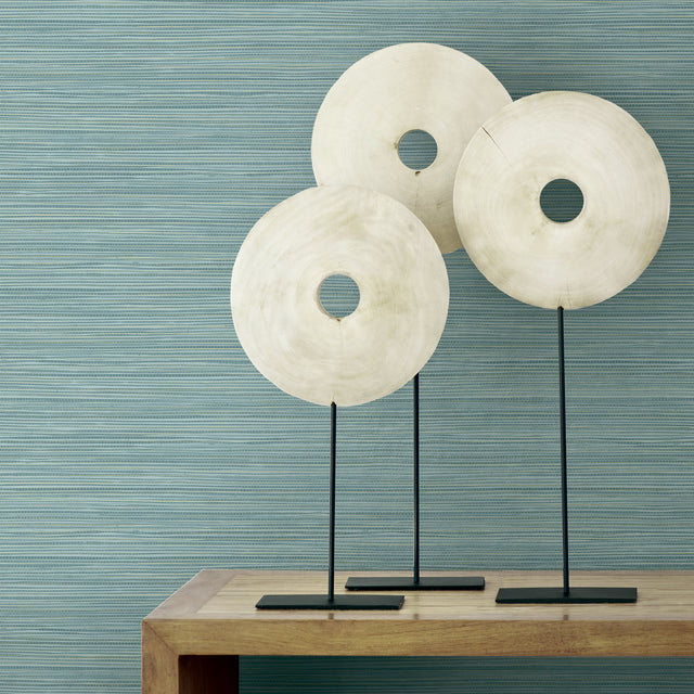 Bondi Teal Faux Grasscloth Traditional Wallpaper with Raised Ink Texture - Warner 2984-40902