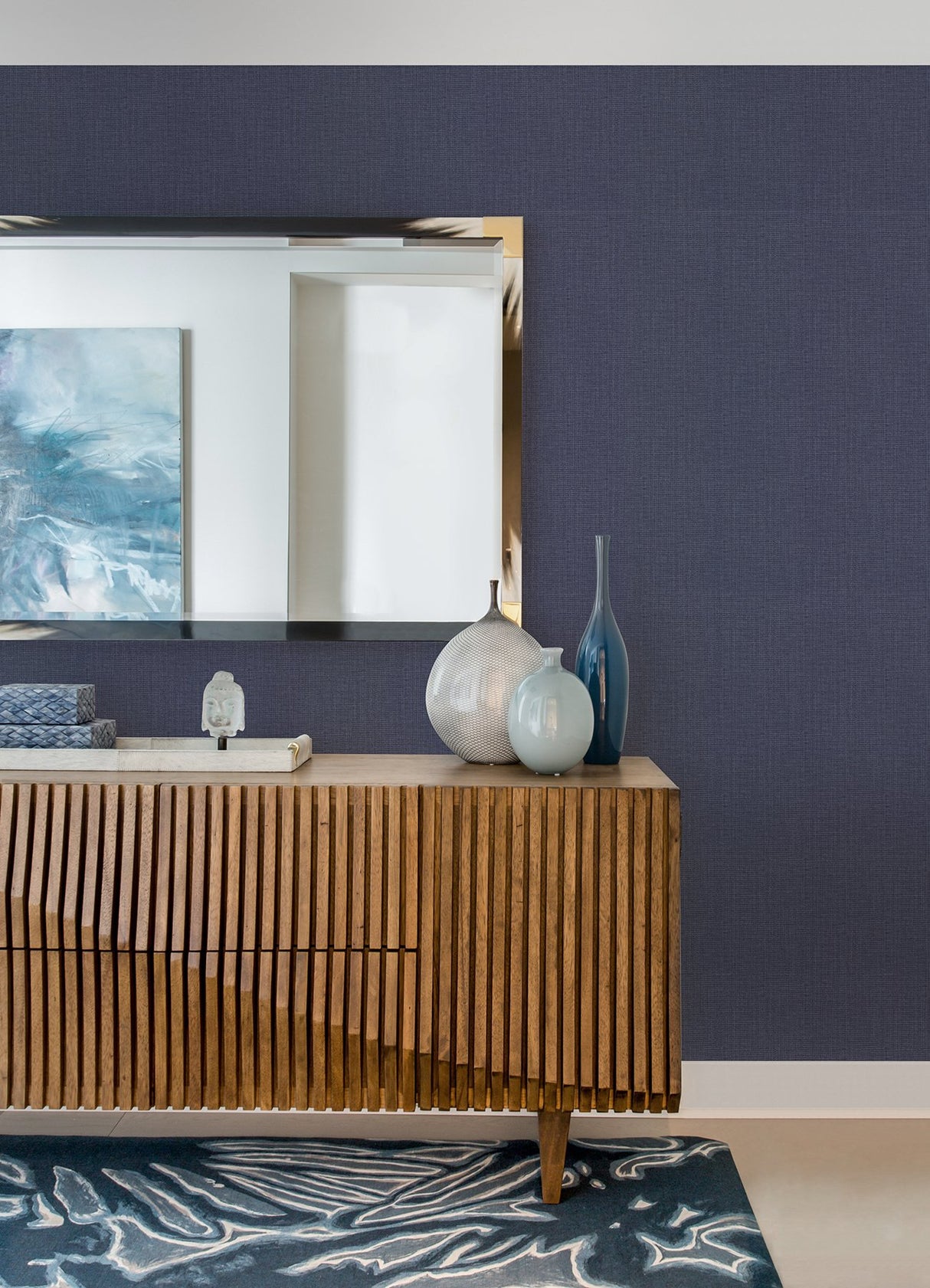 Claremont Indigo Faux Grasscloth Wallpaper with Traditional Faux Grasscloth Style - Brewster 2984-50612