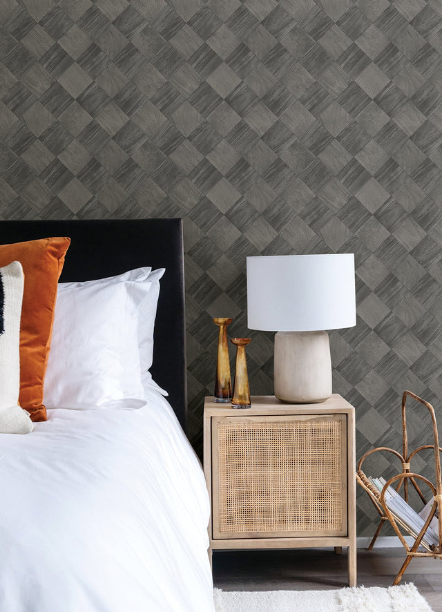 Thriller Black Wood Tile Wallpaper with Geometric Woodgrain Pattern - A-Street Prints 2988-70800