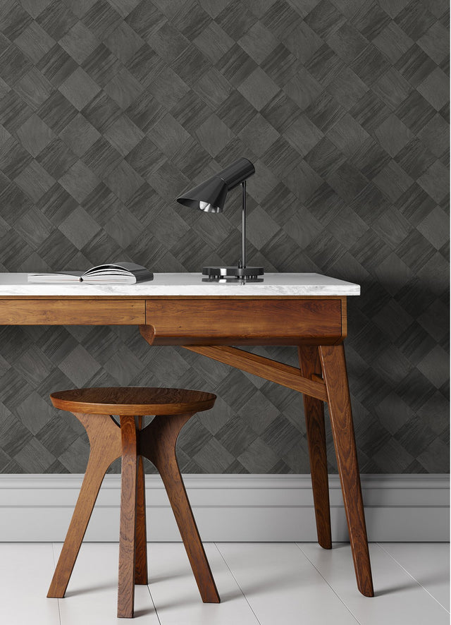 Thriller Black Wood Tile Wallpaper with Geometric Woodgrain Pattern - A-Street Prints 2988-70800