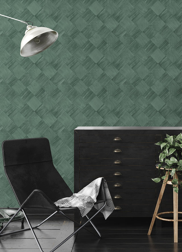 Thriller Green Wood Tile Wallpaper with Modern Geometric Checkerboard Pattern - A-Street Prints 2988-70804