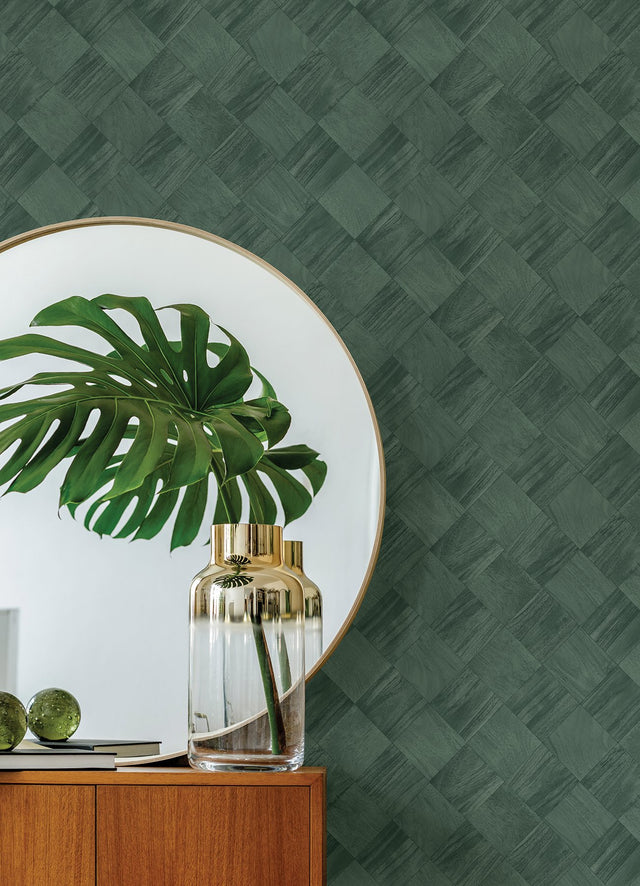 Thriller Green Wood Tile Wallpaper with Modern Geometric Checkerboard Pattern - A-Street Prints 2988-70804