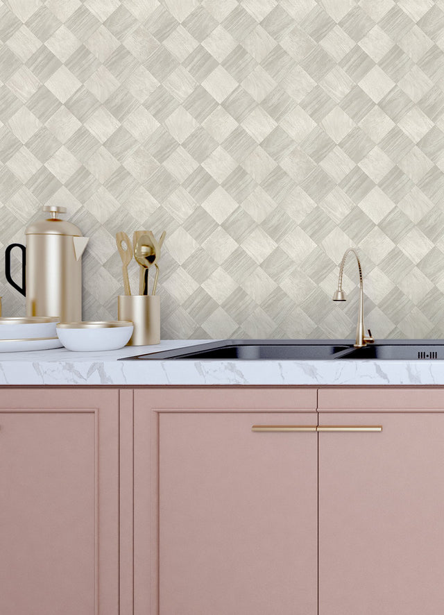 Thriller Light Grey Wood Tile Wallpaper with Modern Geometric Checkerboard Pattern - A-Street Prints 2988-70808