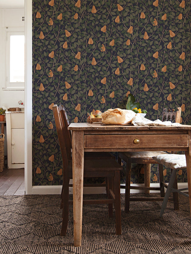 Pirum Navy Pear Wallpaper with Scandinavian Botanical Fruit Motif - A-Street Prints 2999-13104
