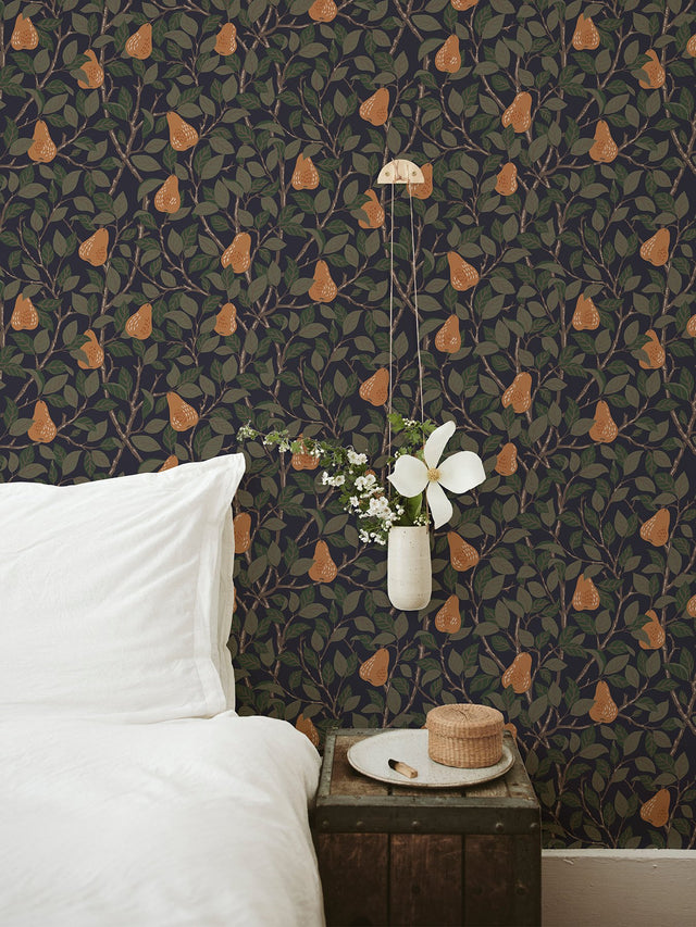 Pirum Navy Pear Wallpaper with Scandinavian Botanical Fruit Motif - A-Street Prints 2999-13104
