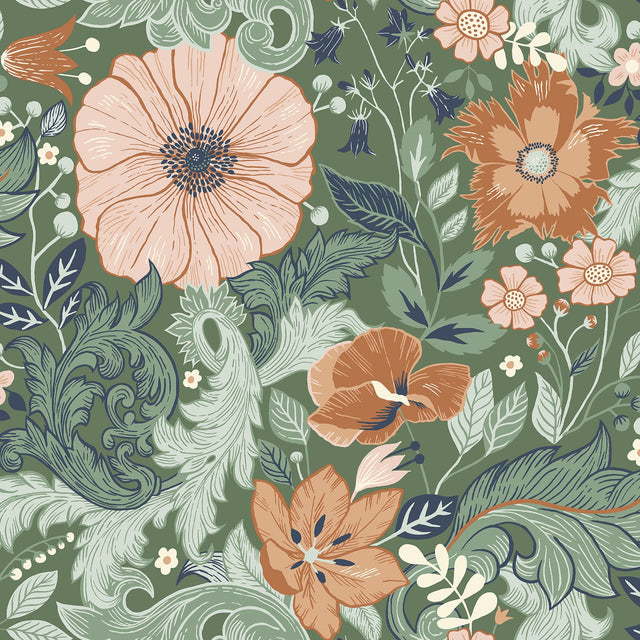 Victoria Green Floral Nouveau Wallpaper with Botanical Flower Pattern, Farmhouse Style - A-Street Prints 2999-13109