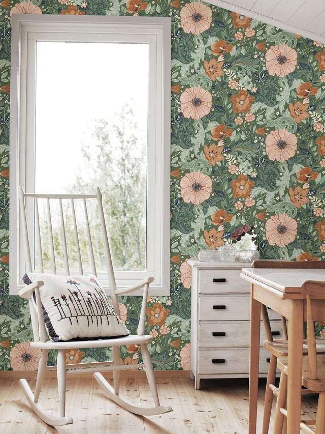 Victoria Green Floral Nouveau Wallpaper with Botanical Flower Pattern, Farmhouse Style - A-Street Prints 2999-13109