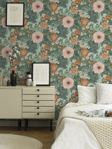 Victoria Green Floral Nouveau Wallpaper with Botanical Flower Pattern, Farmhouse Style - A-Street Prints 2999-13109