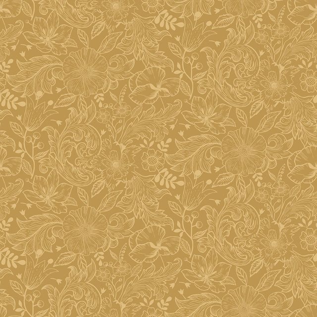 Wilma Yellow Block Print Wallpaper with Botanical Floral Pattern, Farmhouse Style - A-Street Prints 2999-13127
