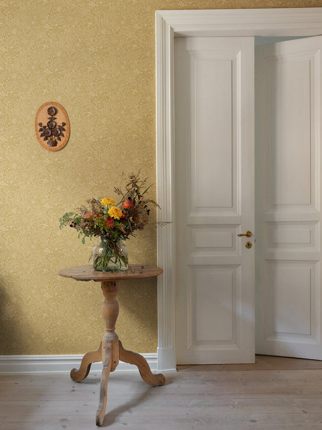 Wilma Yellow Block Print Wallpaper with Botanical Floral Pattern, Farmhouse Style - A-Street Prints 2999-13127