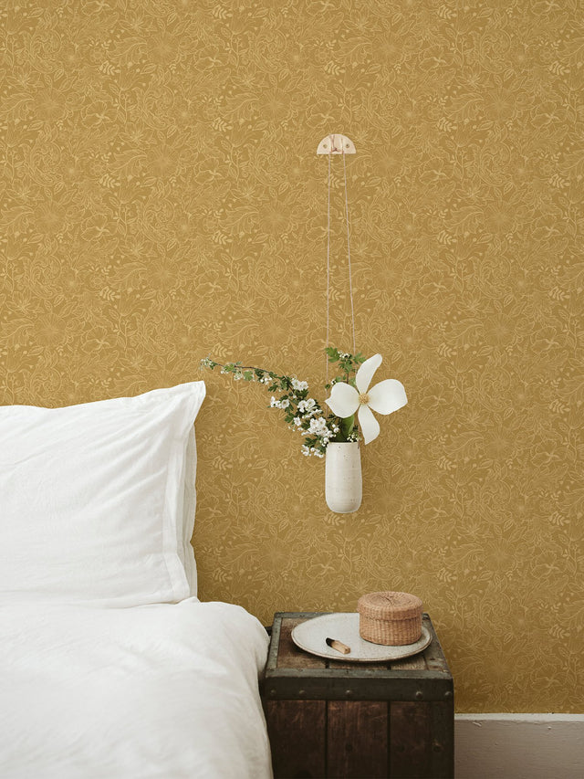 Wilma Yellow Block Print Wallpaper with Botanical Floral Pattern, Farmhouse Style - A-Street Prints 2999-13127