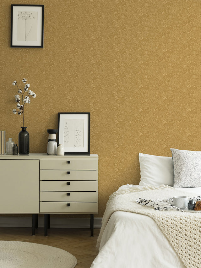 Wilma Yellow Block Print Wallpaper with Botanical Floral Pattern, Farmhouse Style - A-Street Prints 2999-13127