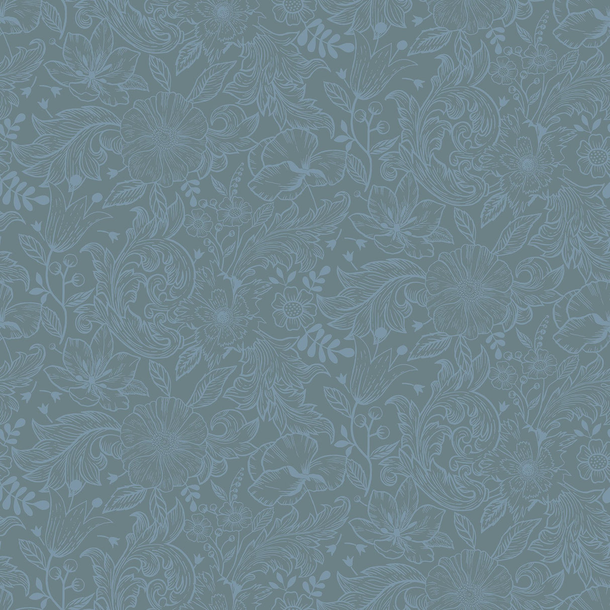 Wilma Blue Floral Block Print Wallpaper with Farmhouse Botanical Motif - Brewster 2999-13128