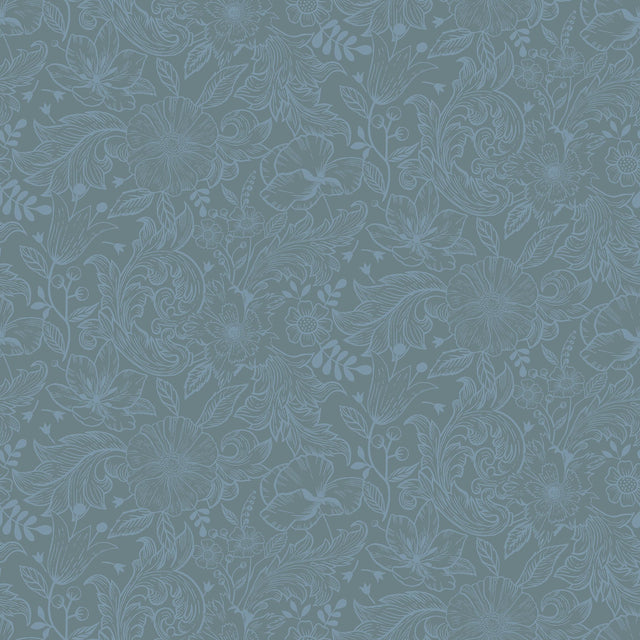 Wilma Blue Floral Block Print Wallpaper with Farmhouse Botanical Motif - Brewster 2999-13128