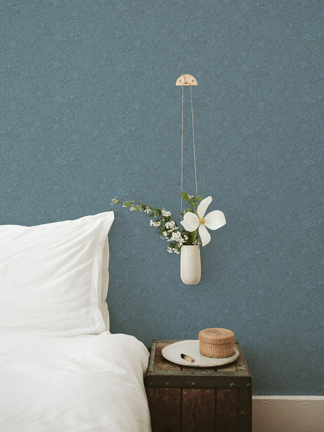 Wilma Blue Floral Block Print Wallpaper with Farmhouse Botanical Motif - Brewster 2999-13128