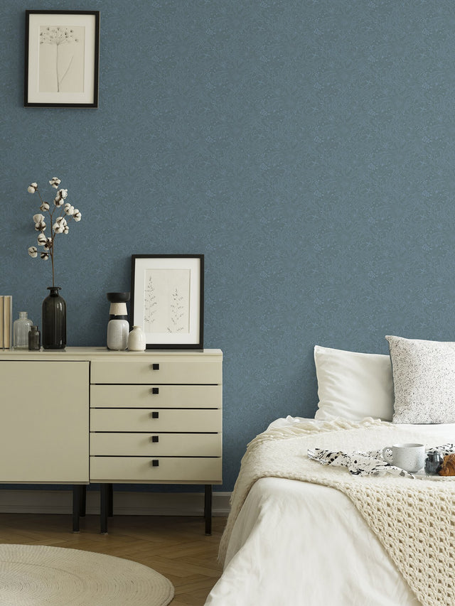 Wilma Blue Floral Block Print Wallpaper with Farmhouse Botanical Motif - Brewster 2999-13128