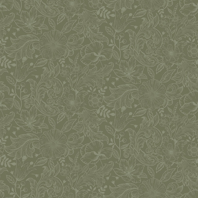 Wilma Green Floral Block Print Wallpaper with Scandinavian Botanical Motif - A-Street Prints 2999-13129