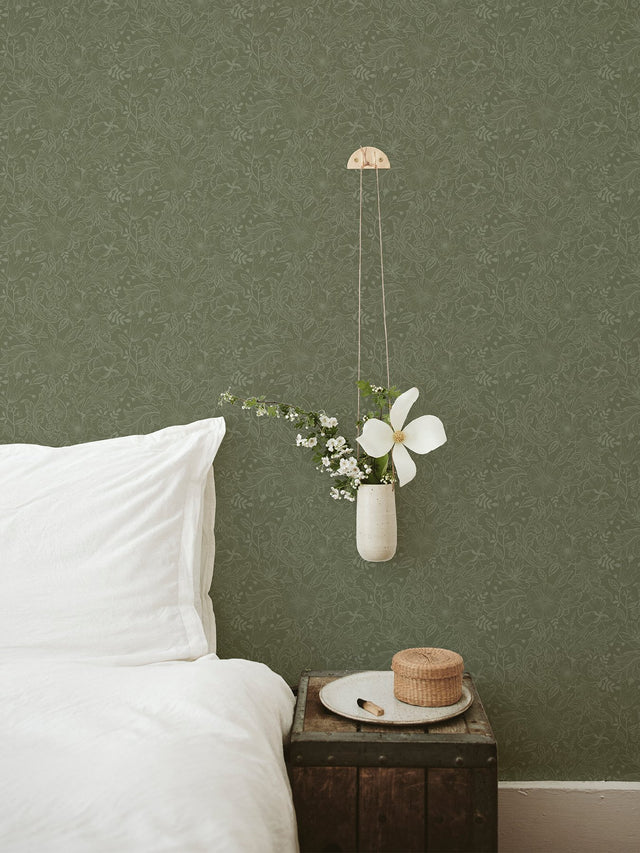 Wilma Green Floral Block Print Wallpaper with Scandinavian Botanical Motif - A-Street Prints 2999-13129