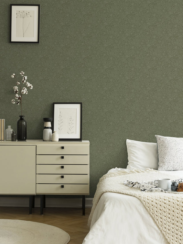 Wilma Green Floral Block Print Wallpaper with Scandinavian Botanical Motif - A-Street Prints 2999-13129