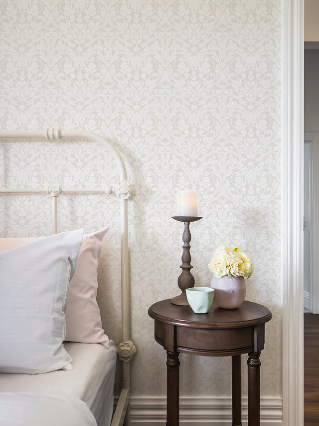 Rosali Cream Scroll Damask Wallpaper with Farmhouse Graphics Scrolls Pattern - A-Street Prints 2999-14005