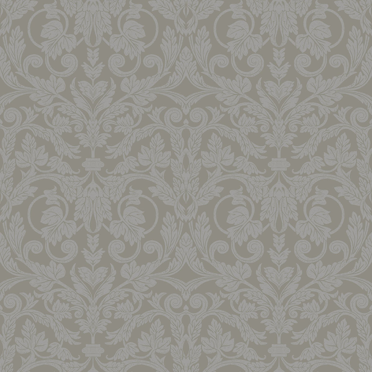 Rosali Grey Scroll Damask Wallpaper with Leafy Ironwork Motif - A-Stre ...