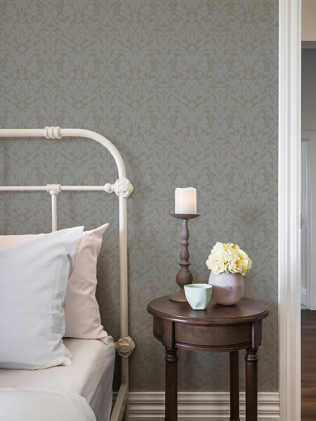 Rosali Grey Scroll Damask Wallpaper with Leafy Ironwork Motif - A-Street Prints 2999-14006