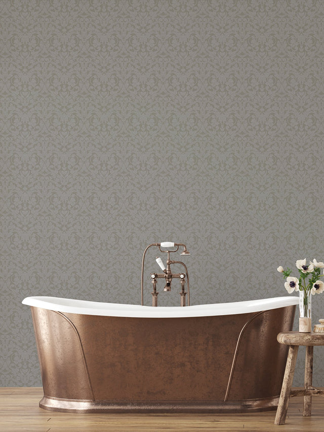 Rosali Grey Scroll Damask Wallpaper with Leafy Ironwork Motif - A-Street Prints 2999-14006