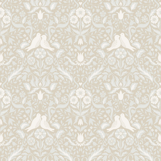 Niki Beige Country Kitsch Wallpaper with Scandinavian Bird and Floral Damask - Brewster 2999-14026