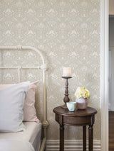 Niki Beige Country Kitsch Wallpaper with Scandinavian Bird and Floral Damask - Brewster 2999-14026