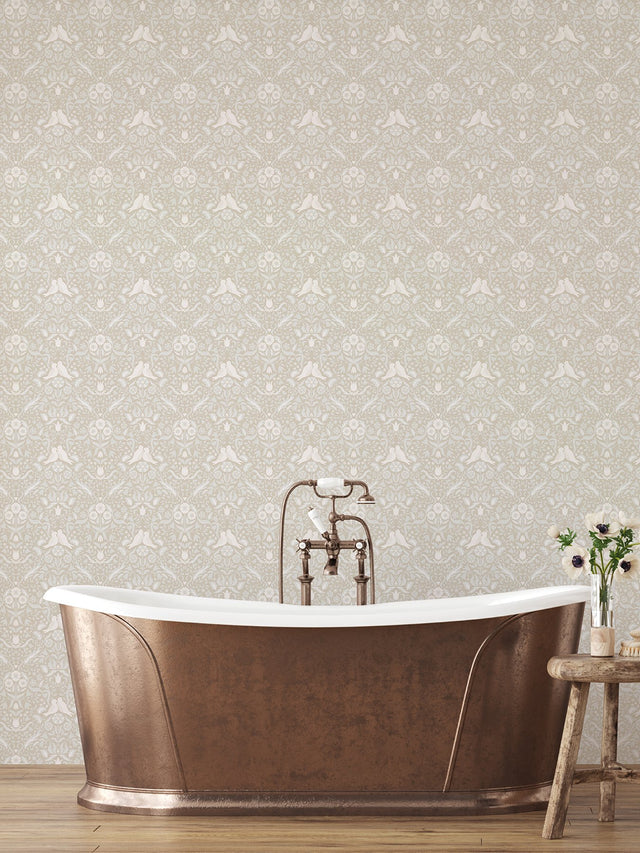 Niki Beige Country Kitsch Wallpaper with Scandinavian Bird and Floral Damask - Brewster 2999-14026