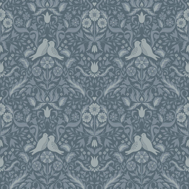 Niki Blue Country Kitsch Wallpaper with Scandinavian Bird and Floral Damask - A-Street Prints 2999-14028