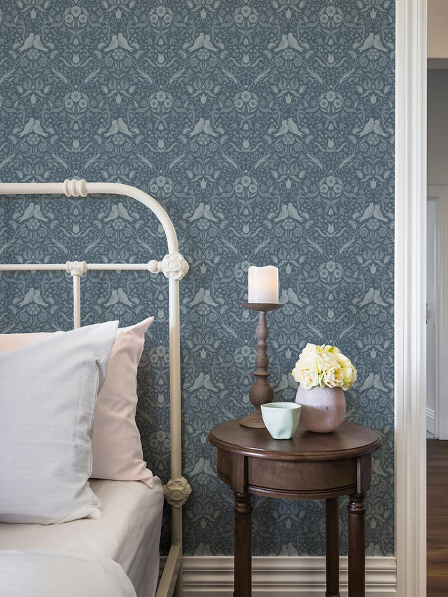 Niki Blue Country Kitsch Wallpaper with Scandinavian Bird and Floral Damask - A-Street Prints 2999-14028