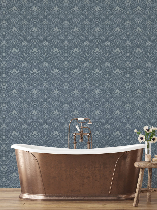 Niki Blue Country Kitsch Wallpaper with Scandinavian Bird and Floral Damask - A-Street Prints 2999-14028