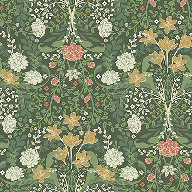 Froso Green Garden Damask Wallpaper with Botanical Floral Pattern, Modern Style - A-Street Prints 2999-24102