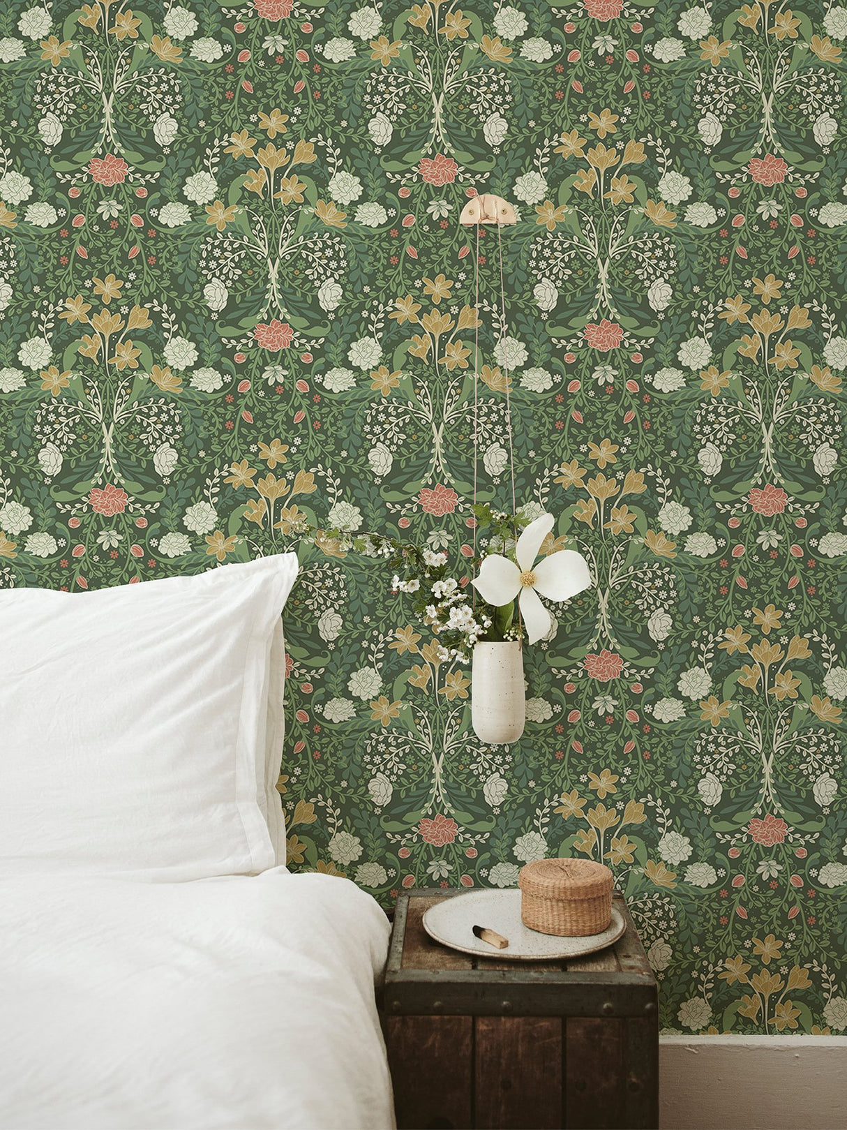 Froso Green Garden Damask Wallpaper with Botanical Floral Pattern, Modern Style - A-Street Prints 2999-24102