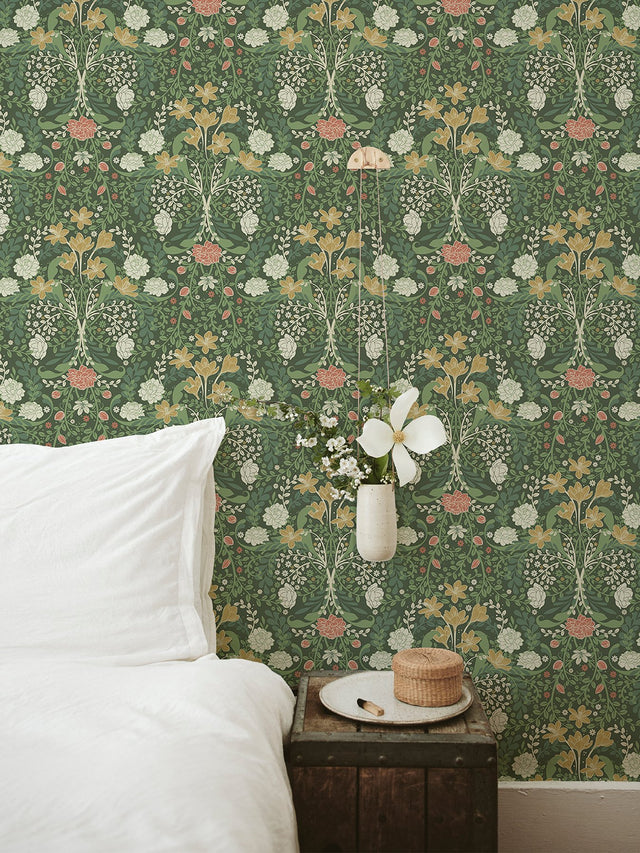 Froso Green Garden Damask Wallpaper with Botanical Floral Pattern, Modern Style - A-Street Prints 2999-24102