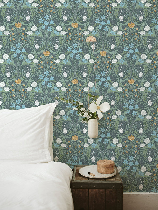 Froso Turquoise Garden Damask Wallpaper with Botanical Floral Pattern, Modern Style - Brewster 2999-24106