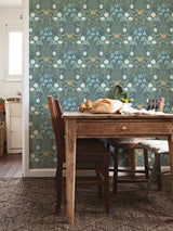 Froso Turquoise Garden Damask Wallpaper with Botanical Floral Pattern, Modern Style - Brewster 2999-24106