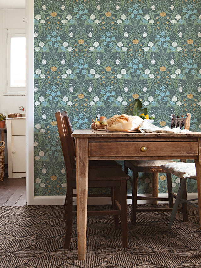 Froso Turquoise Garden Damask Wallpaper with Botanical Floral Pattern, Modern Style - Brewster 2999-24106